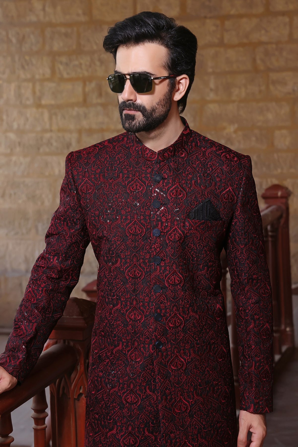 achkan sherwani, amir adnan sherwani, black sherwani for groom