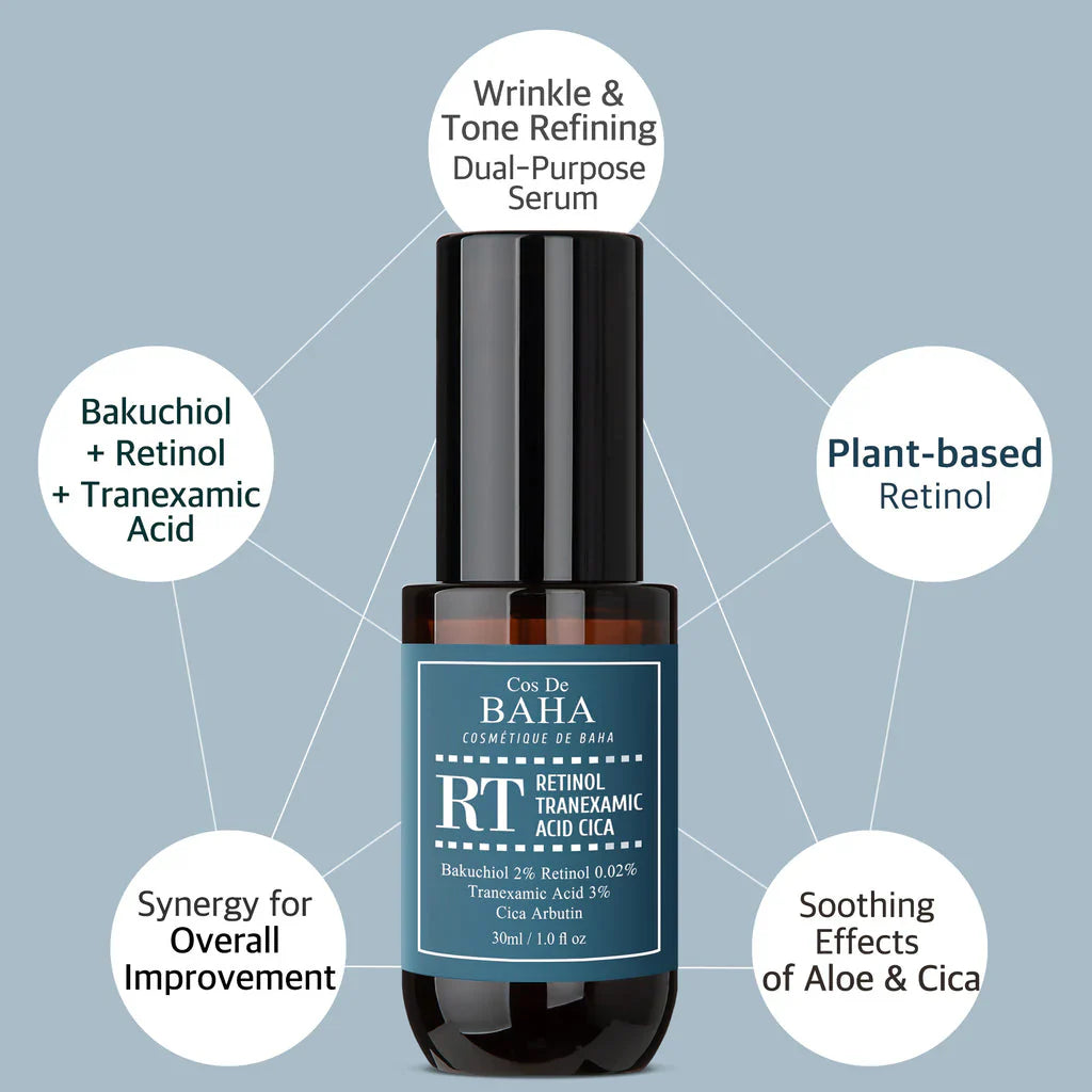"Cos de Baha, retinol serum, tranexamic acid, CICA, anti-aging serum, skin repair, Korean skincare, serum"
