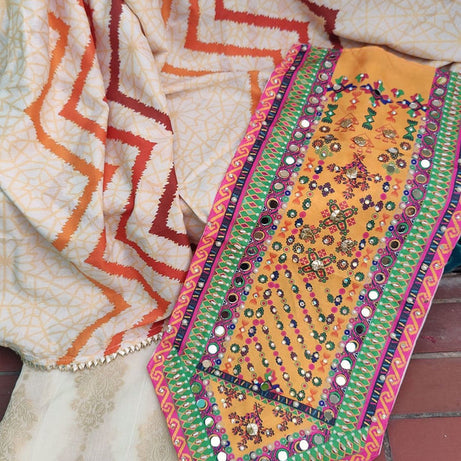 , exquisite women's unstitched yellow phulkari fabric, Zahra Ahmad premium phulkari collection