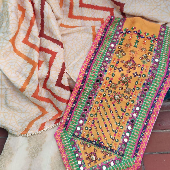 , exquisite women's unstitched yellow phulkari fabric, Zahra Ahmad premium phulkari collection