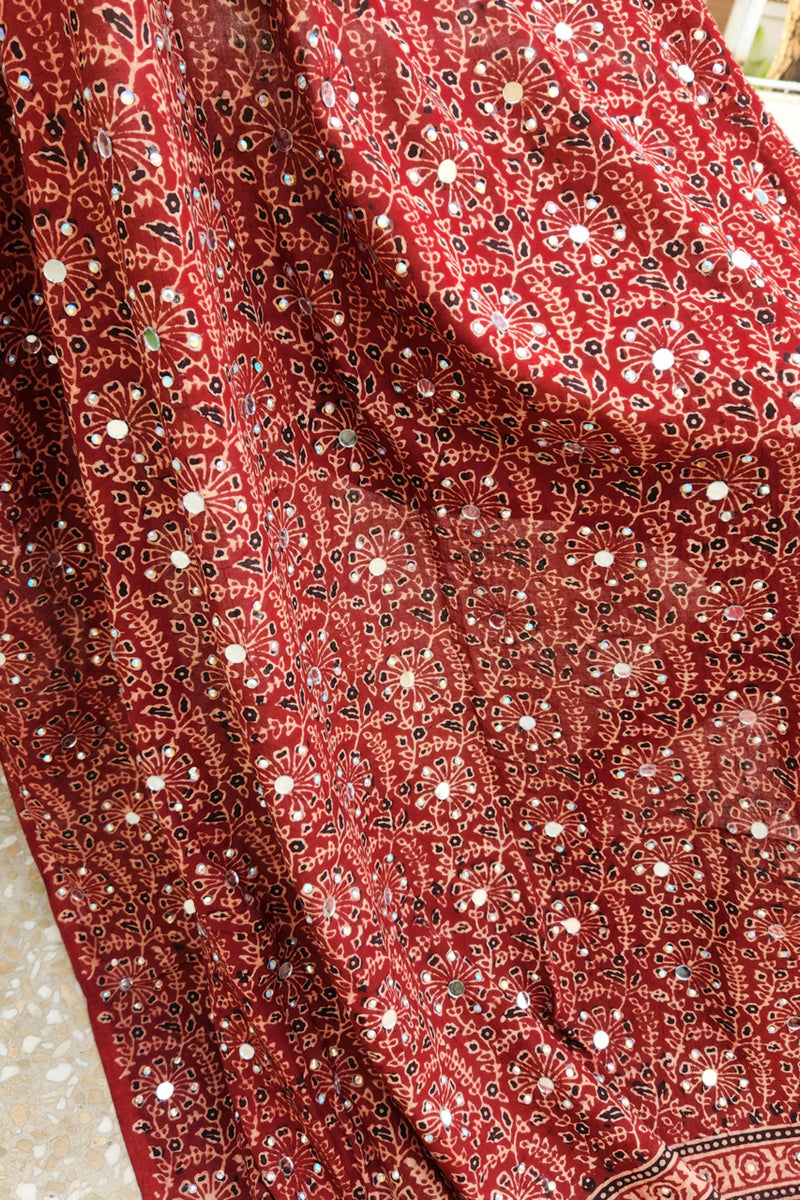 , exquisite women's unstitched maroon Ajrak shawl fabric, Zahra Ahmad premium shawl material