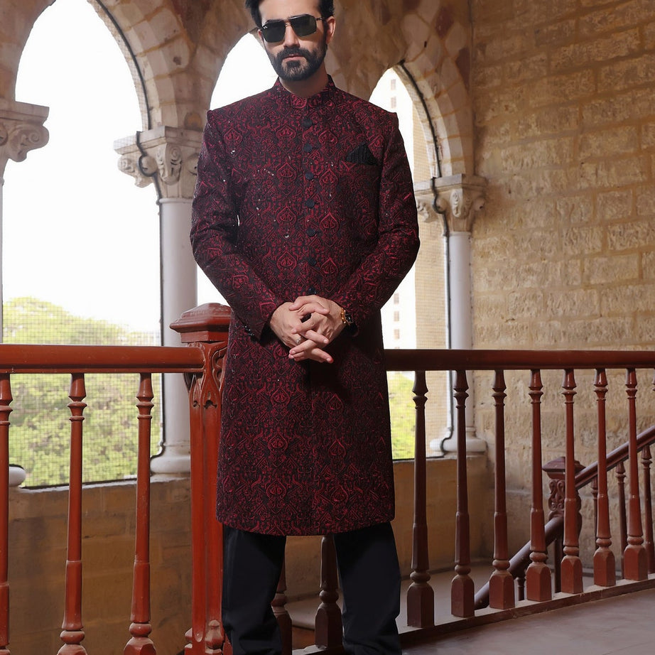 achkan sherwani, amir adnan sherwani, black sherwani for groom