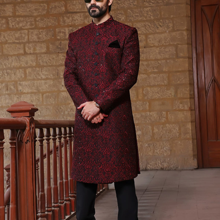 achkan sherwani, amir adnan sherwani, black sherwani for groom
