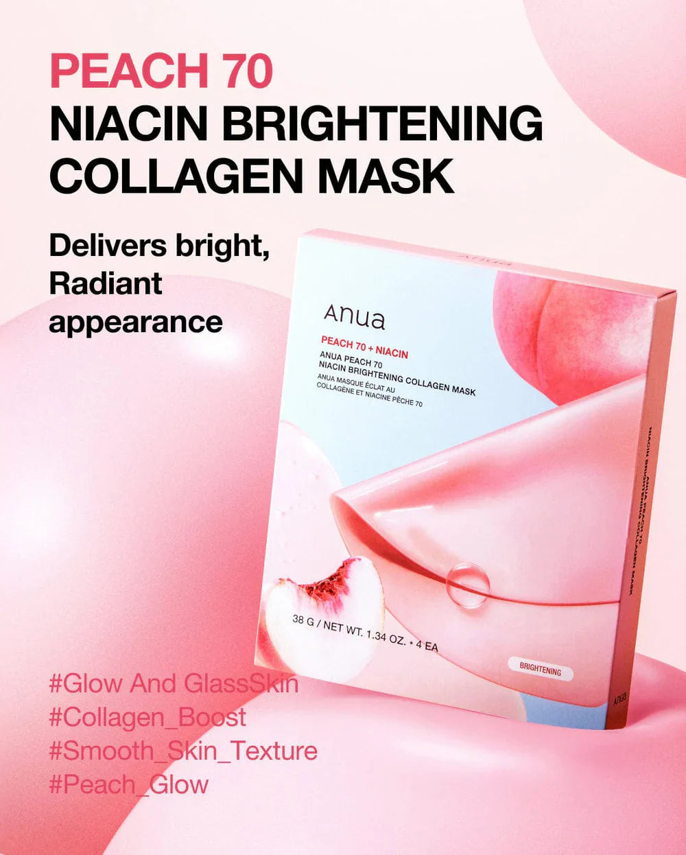 "Anua Peach, Niacinamide Mask, Brightening Mask, Collagen Mask, skin firming, Korean skincare, glowing skin"