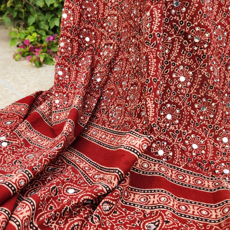 , exquisite women's unstitched maroon Ajrak shawl fabric, Zahra Ahmad premium shawl material