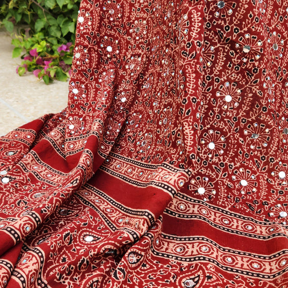 , exquisite women's unstitched maroon Ajrak shawl fabric, Zahra Ahmad premium shawl material