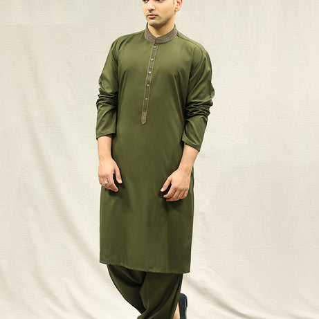 Indulge in Style: Classic Poly Viscose Dark Olive Classic Fit Embroidered Suit