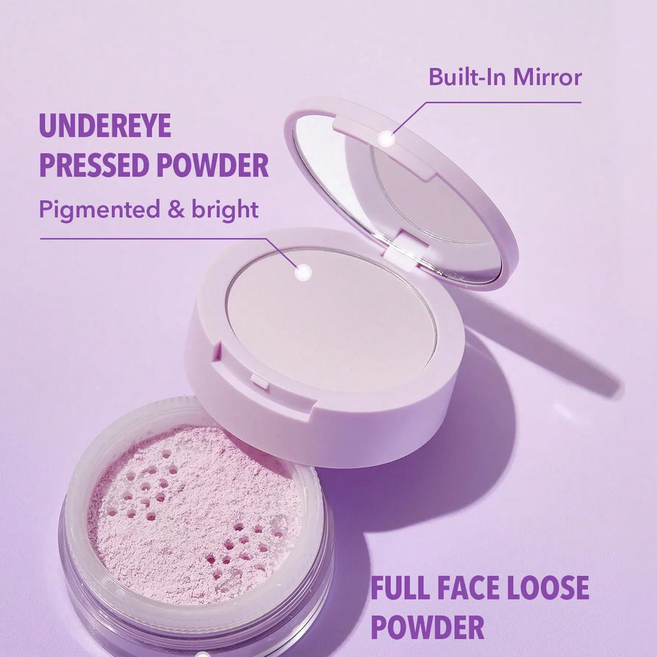 "Sheglam setting powder, under eye powder, face powder, taro powder, makeup setting, flawless finish"