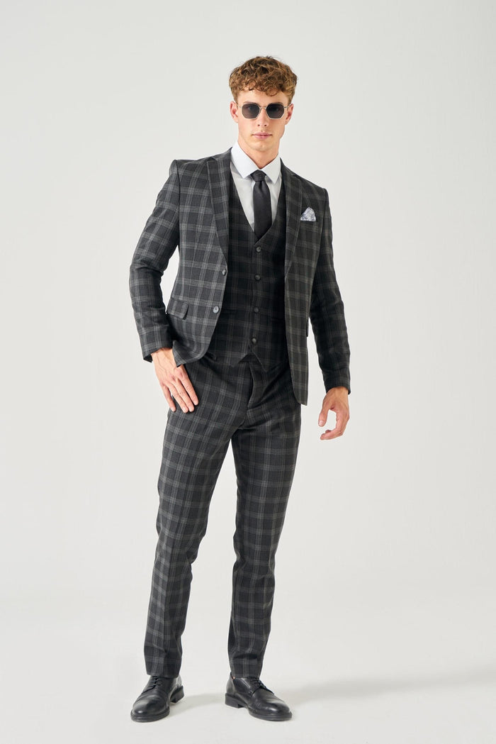 Enhance Your Wardrobe with Our 3 Piece Checkered Slim Fit Suit