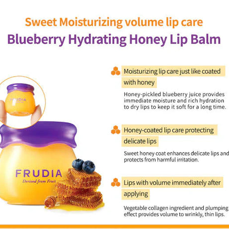 "Frudia Lip Balm, blueberry lip balm, honey lip balm, hydrating lip care, moisturizing lips, lip treatment, skincare"