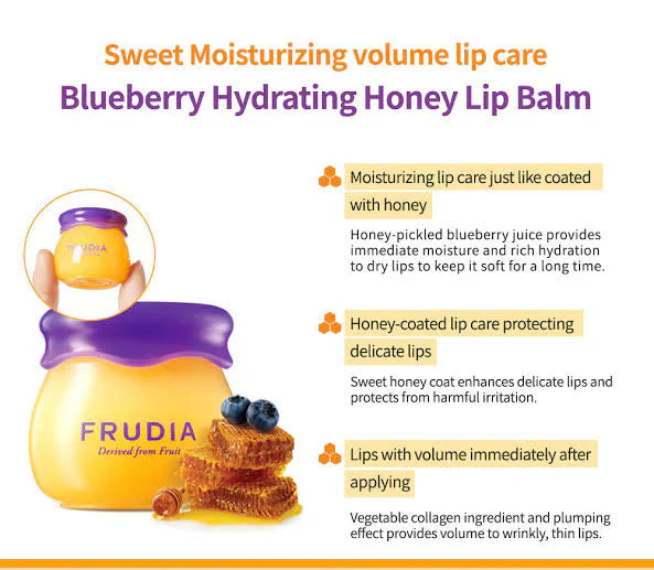 "Frudia Lip Balm, blueberry lip balm, honey lip balm, hydrating lip care, moisturizing lips, lip treatment, skincare"