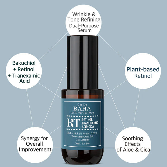 "Cos de Baha, retinol serum, tranexamic acid, CICA, anti-aging serum, skin repair, Korean skincare, serum"