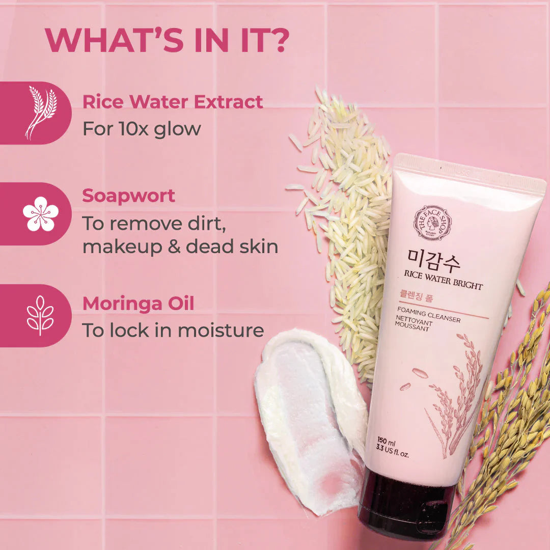The Face Shop Rice Water Bright Cleansing Foam for glowing skin