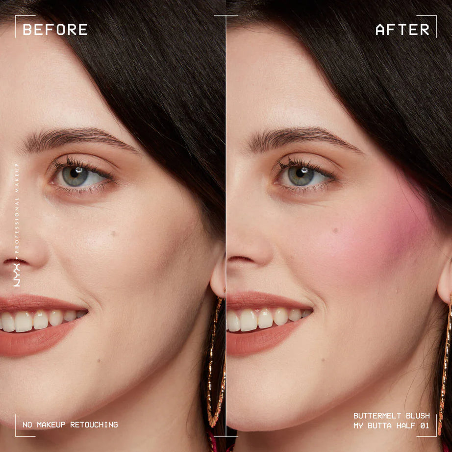 "NYX Buttermelt Blush, creamy blush, buildable blush, flawless blush, cheek color, makeup, soft blush"