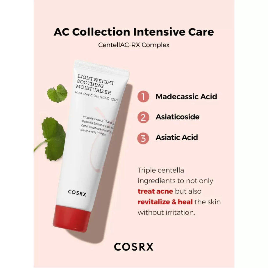 "COSRX, soothing moisturizer, acne moisturizer, sensitive skin, lightweight moisturizer, Korean skincare, acne care"