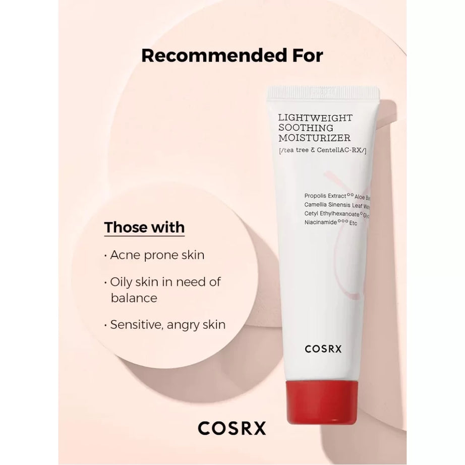 "COSRX, soothing moisturizer, acne moisturizer, sensitive skin, lightweight moisturizer, Korean skincare, acne care"