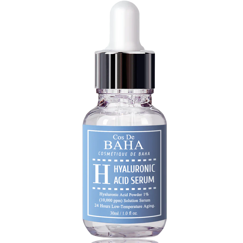 "Cos de Baha, hyaluronic acid serum, moisturizing serum, hydrating skin, anti-aging, skincare, plump skin"