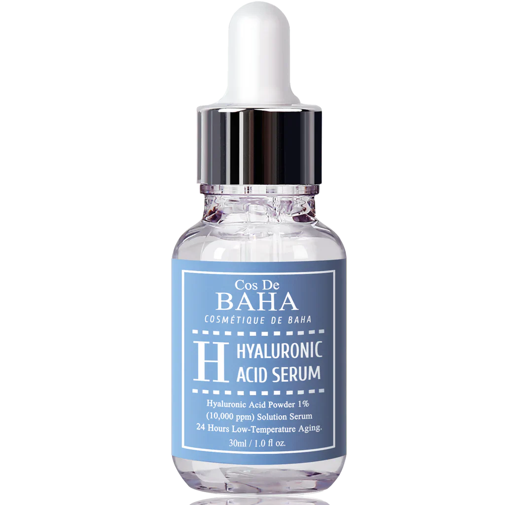 "Cos de Baha, hyaluronic acid serum, moisturizing serum, hydrating skin, anti-aging, skincare, plump skin"