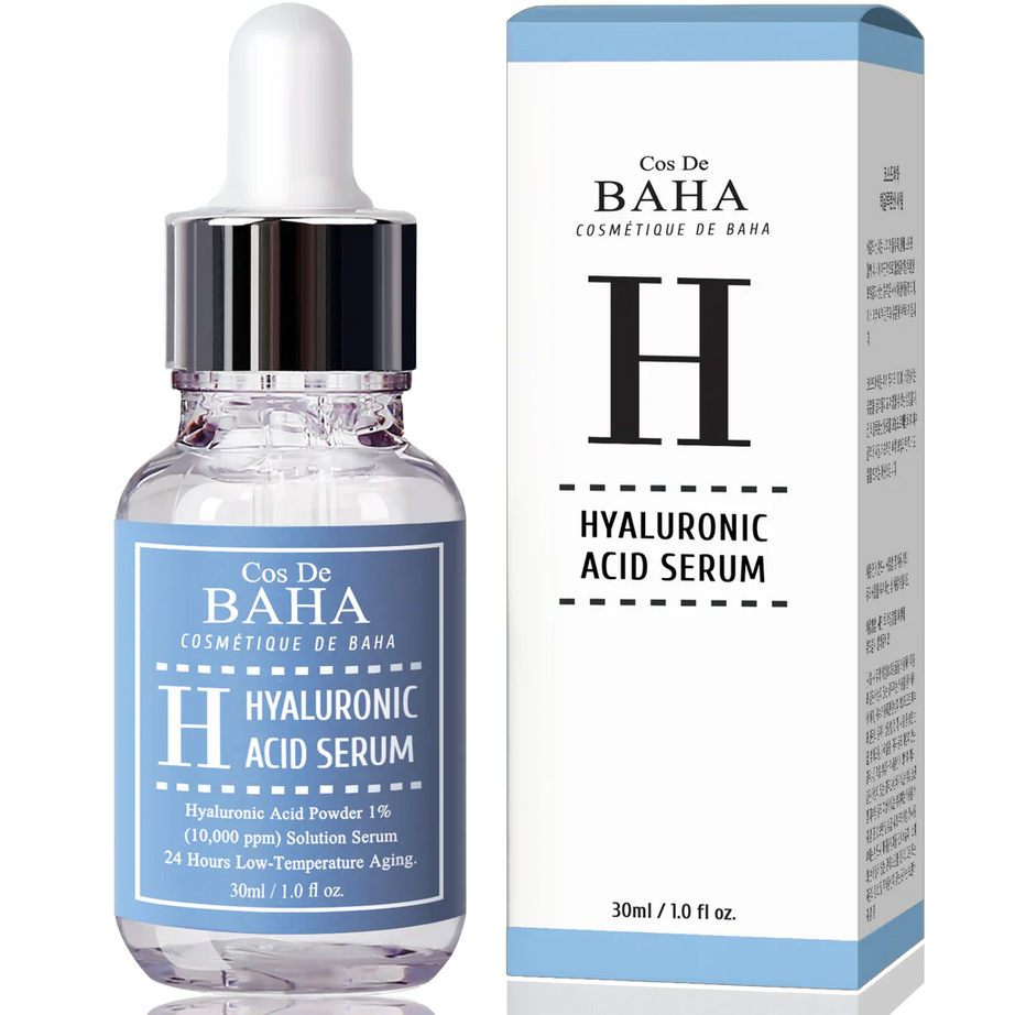 "Cos de Baha, hyaluronic acid serum, moisturizing serum, hydrating skin, anti-aging, skincare, plump skin"