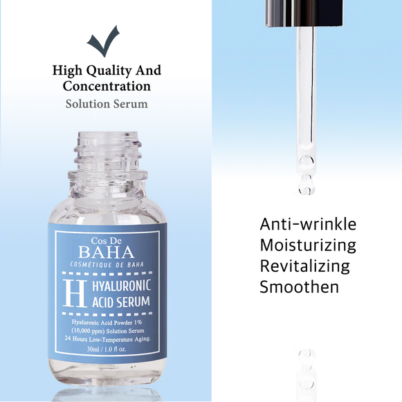 "Cos de Baha, hyaluronic acid serum, moisturizing serum, hydrating skin, anti-aging, skincare, plump skin"