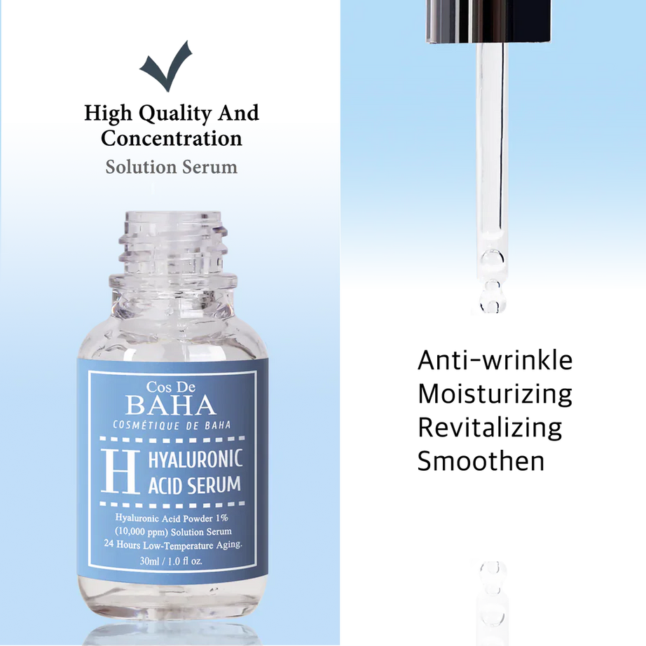 "Cos de Baha, hyaluronic acid serum, moisturizing serum, hydrating skin, anti-aging, skincare, plump skin"