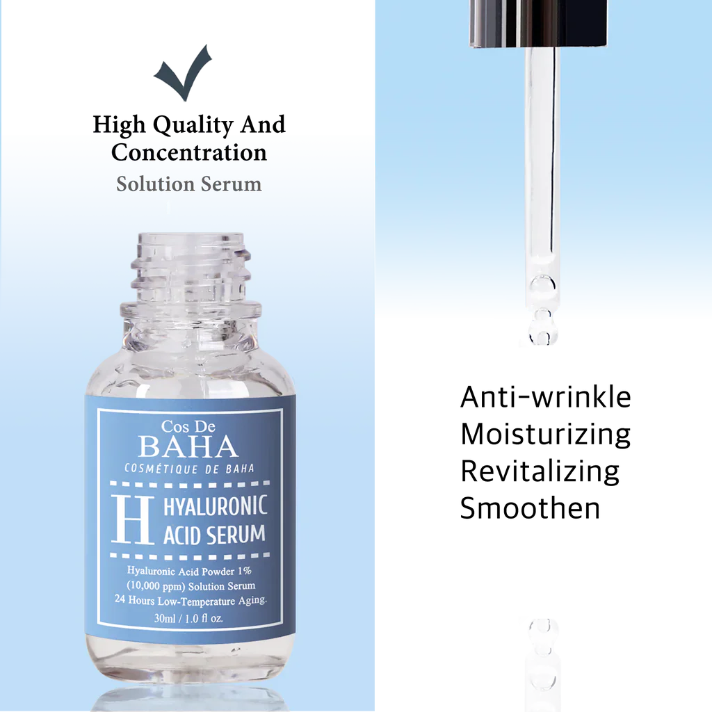 "Cos de Baha, hyaluronic acid serum, moisturizing serum, hydrating skin, anti-aging, skincare, plump skin"