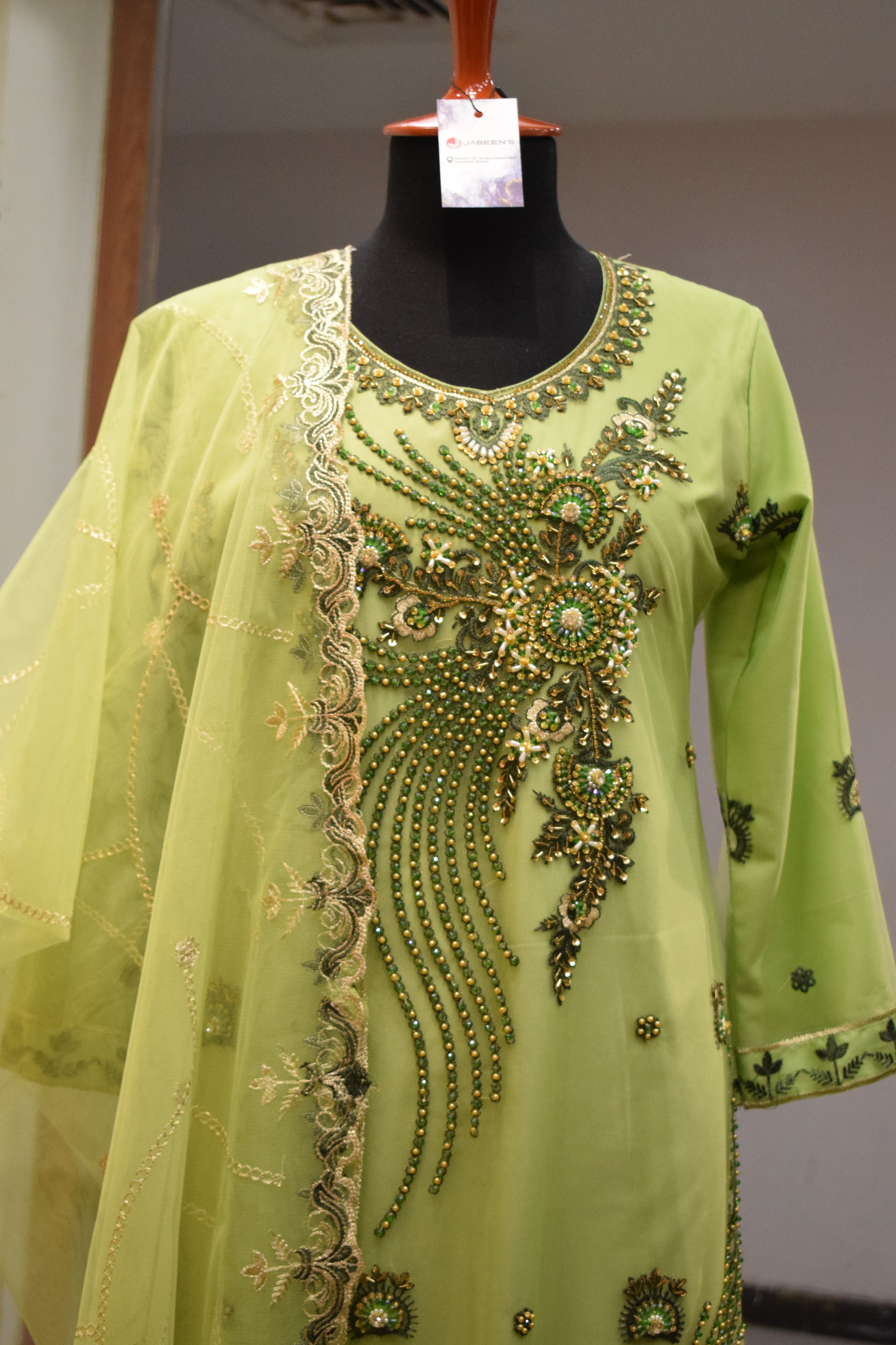 Exquisite Parrot Green Fancy Hand Work Party Wear - Ready to Wear