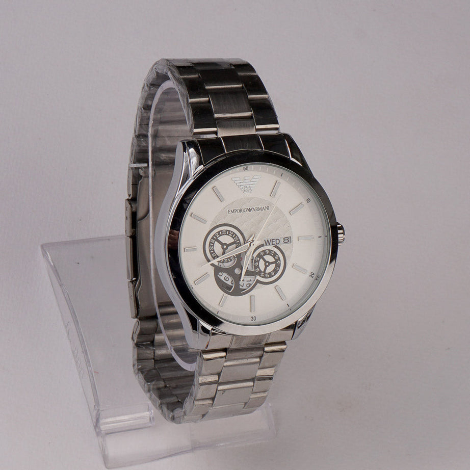 Make a Statement: Premium Quality Men's Silver Chain Wrist Watch with White Dial