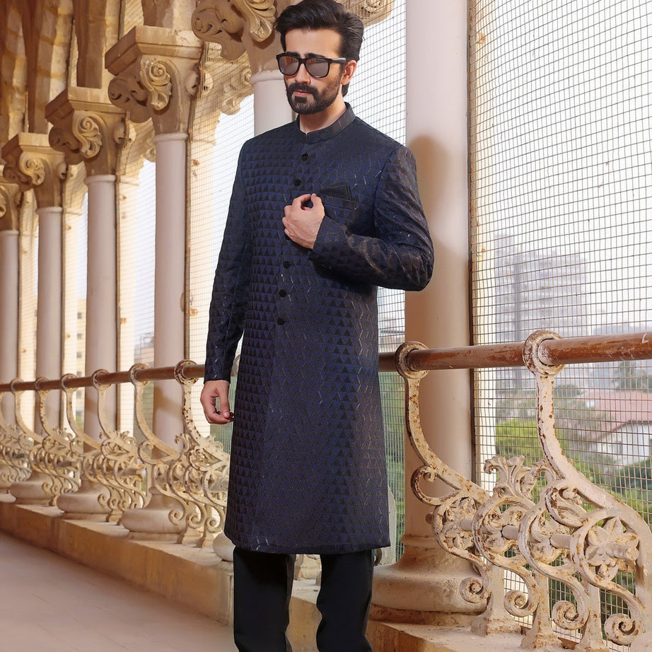 blue sherwani, dulhe ki sherwani, Embroidered Sherwani