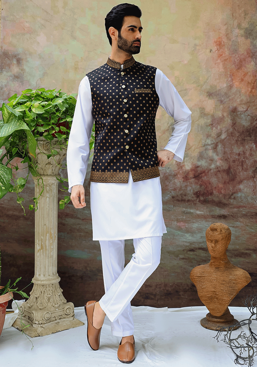 Timeless Classic Jamawar Carbon Traditional Waistcoat - Latest Quality