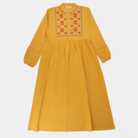Teens Girls Khaddar Embroidered Long Dress - Golden Rod | Free Shipping
