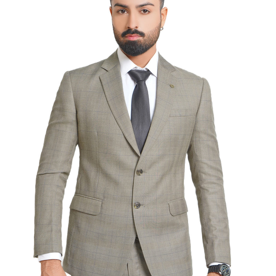 Exude Elegance with Our Fawn Self Checkered Tailored Fit Two Piece Suit