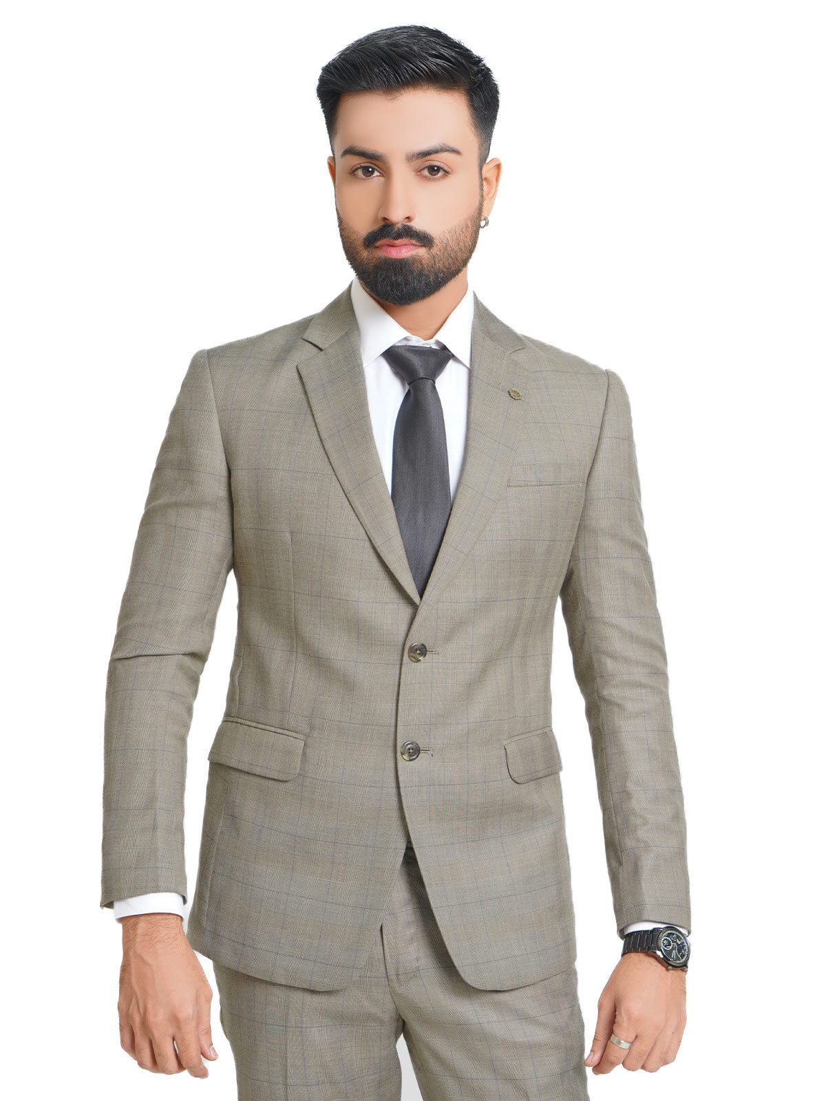 Exude Elegance with Our Fawn Self Checkered Tailored Fit Two Piece Suit