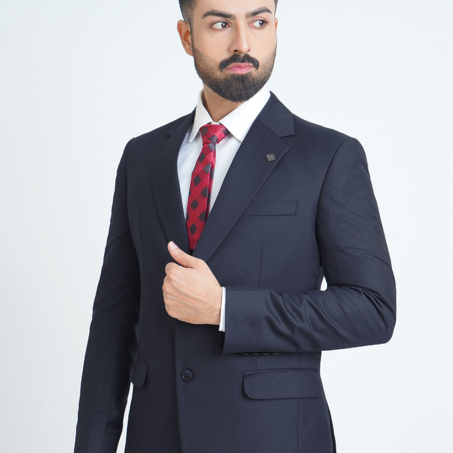 Stylish Navy Blue Plain Tailored Fit Two Piece Suit