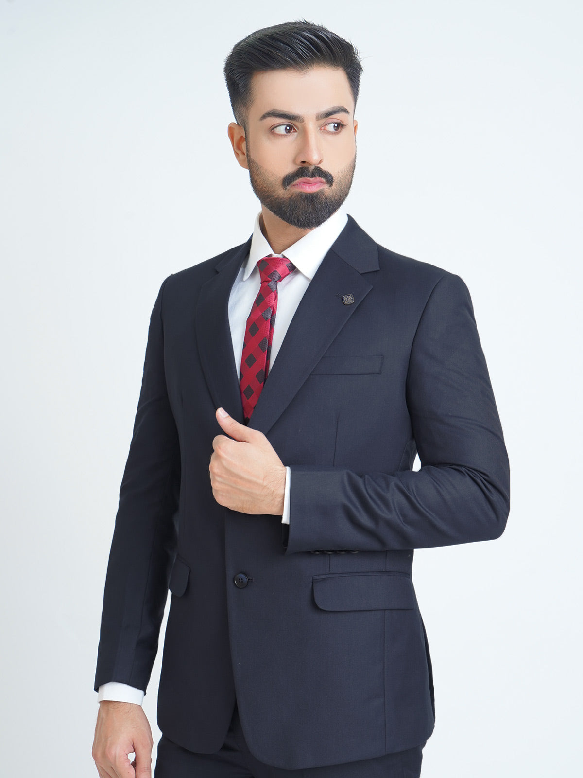 Stylish Navy Blue Plain Tailored Fit Two Piece Suit