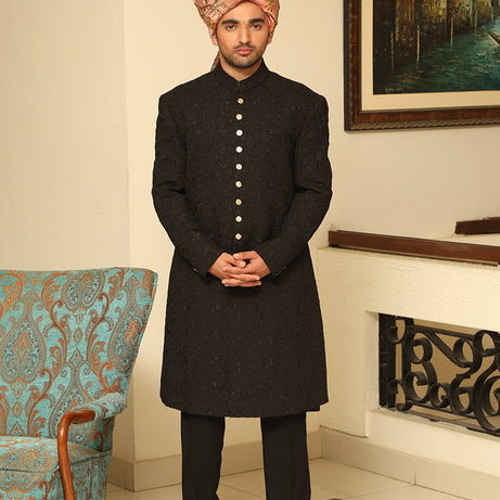 Exquisite Pirate Black Georgette Traditional Sherwani - Latest Quality