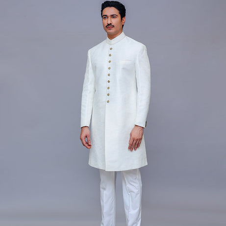 Exquisite Bright White Kambal Jamawar Traditional Sherwani - Latest Quality