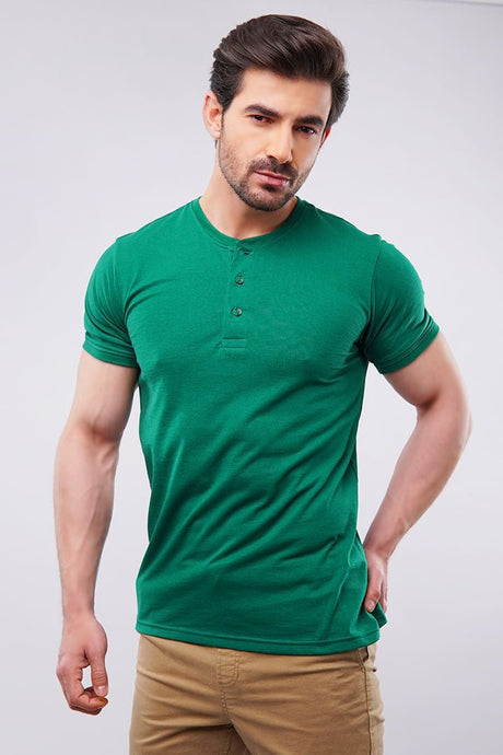 Premium Oxford Green Basic Henley Men's T-shirt - Elevate Your Everyday Look!